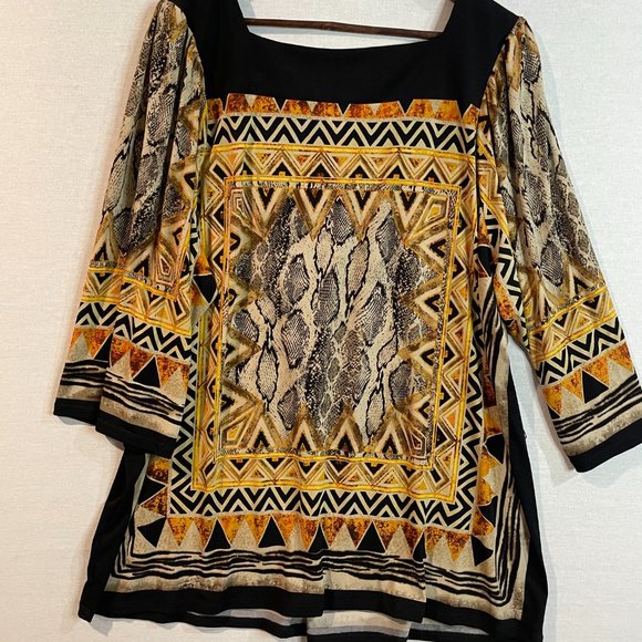 Dress Barn Top Blouse Woman Size 18/20 Stretch Short 3/4 Sleeve Black & Gold - Picture 2 of 11